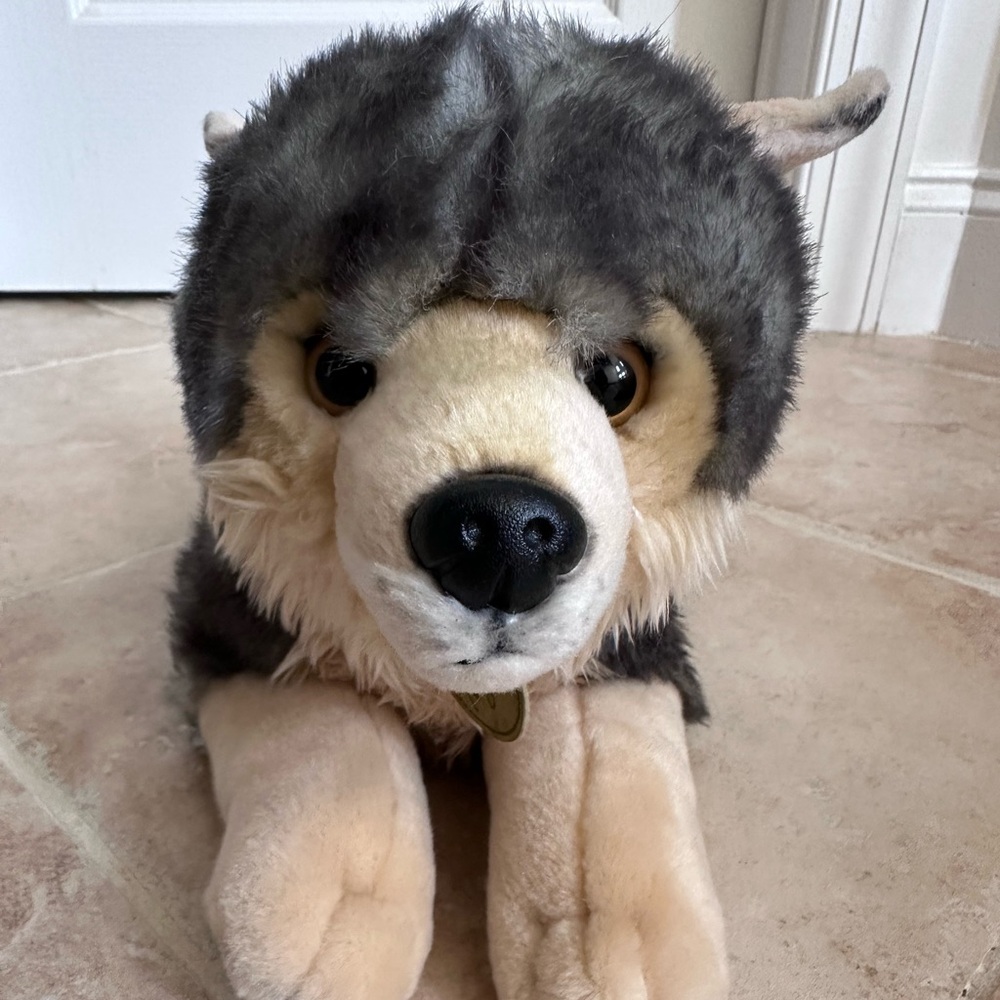 Miyoni Aurora Realistic Gray Wolf Plush 18” Lying Down Stuffed Animal